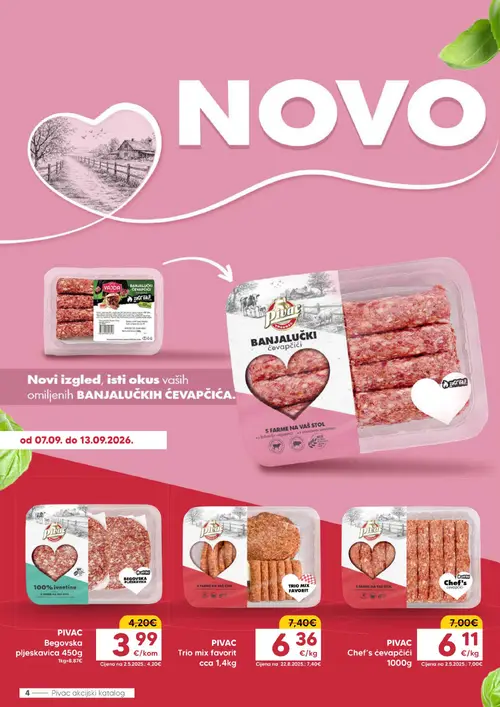 Pivac katalog — stranica 4: PIVAC Trio mix favorit, PIVAC Chef's ćevapčići, PIVAC Begovska pljeskavica (vrijedi 07.09.–13.09.2026.)