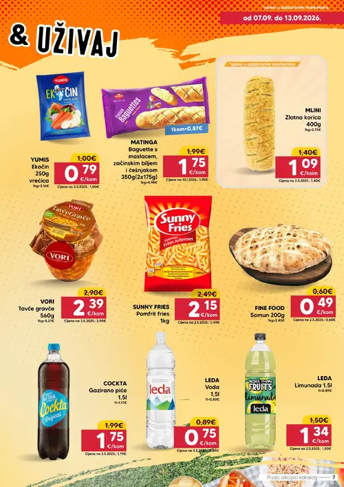 Pivac katalog — stranica 7: Mlini Zlatna korica, Yumis Ekočin vrećica, Fine Food Somun, Vori Tavče gravče (vrijedi 07.09.–13.09.2026.)