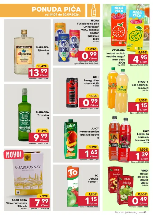 Pivac katalog — stranica 13: VINDI Nektar breskva/jabuka, AGRO BOBA Vino chardonnay, CEVITANA Instant napitak naranča mega/limun pack, FROOTY Sok naranča/lemon (vrijedi 14. 09. 2026.–20. 09. 2026.)