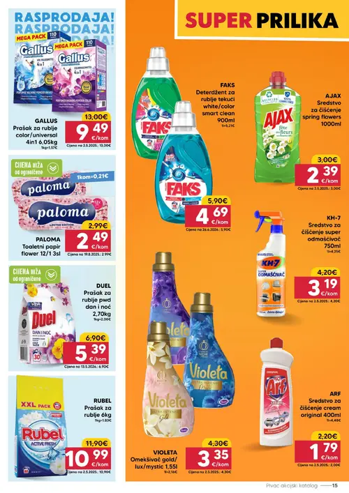Pivac katalog — stranica 15: GALLUS Prašak za rublje color/universal 4in1, KH-7 Sredstvo za čišćenje super odmašćivač, VIOLETA Omekšivač gold/lux/mystic, DUEL Prašak za rublje pwd dan i noć (vrijedi 14. 09. 2026.–20. 09. 2026.)