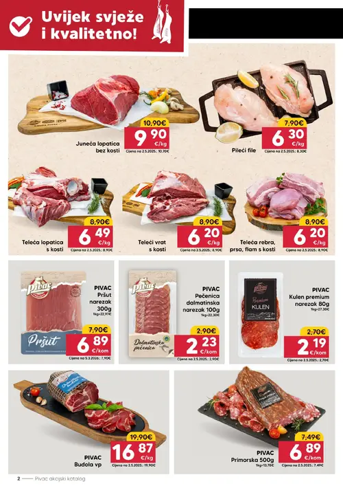 Pivac katalog — stranica 2: Teleći vrat s kosti, Teleća rebra, prsa, flam s kosti, Teleća lopatica s kosti, Pileći file (vrijedi 14. 09. 2026.–20. 09. 2026.)
