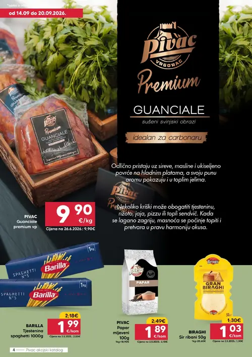Pivac katalog — stranica 4: PIVAC Papar mljeveni 100g, BIRAGHI Sir ribani 50g, BARILLA Tjestenina spaghetti 1000g, PIVAC Guanciale premium vp (vrijedi 14. 09. 2026.–20. 09. 2026.)