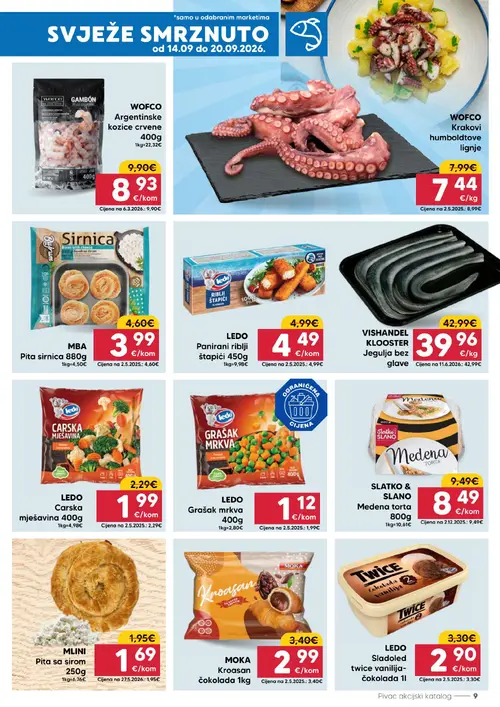 Pivac katalog — stranica 9: LEDO Grašak mrkva 400g, MLINI Pita sa sirom 250g, MBA Pita sirnica 880g, LEDO Carska mješavina 400g (vrijedi 14. 09. 2026.–20. 09. 2026.)