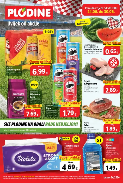 Plodine katalog — stranica 1: barcaffé Mlječna kava Classic, CRORIDE Ljetni stakloperc, IZ SRCA DOMOVINE Domaća lubenica (vrijedi 24. 06. 2026.–30. 06. 2026.)