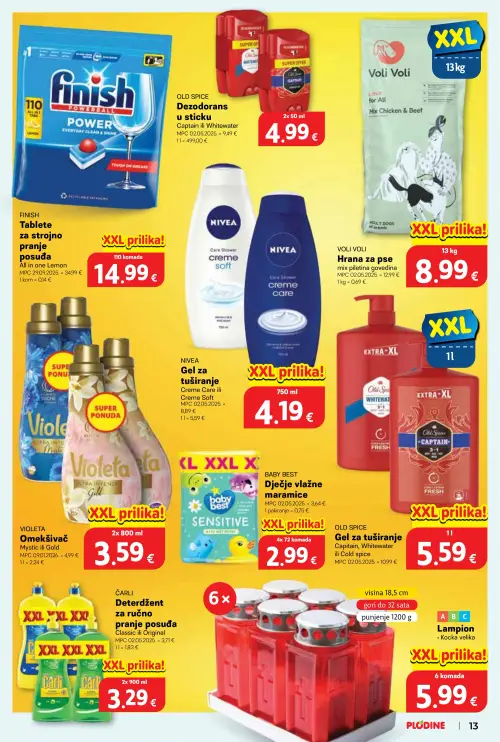 Plodine katalog — stranica 13: ABC Lampion, ČARLI Deterdžent za ručno pranje posuđa Classic ili Original, OLD SPICE Gel za tuširanje Captain, Whitewater ili Cold spice, BABY BEST Dječje vlažne maramice Sensitive (vrijedi 24. 06. 2026.–30. 06. 2026.)