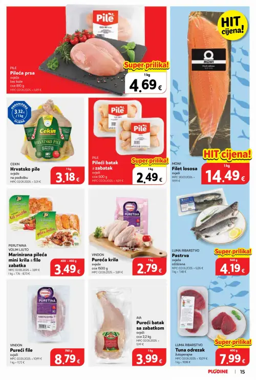Plodine katalog — stranica 15: PILE Pileći batak ili zabatak, AIA Pureći batak sa zabatkom, VINDON Pureća krila, MQWI Fillet lososa (vrijedi 24. 06. 2026.–30. 06. 2026.)