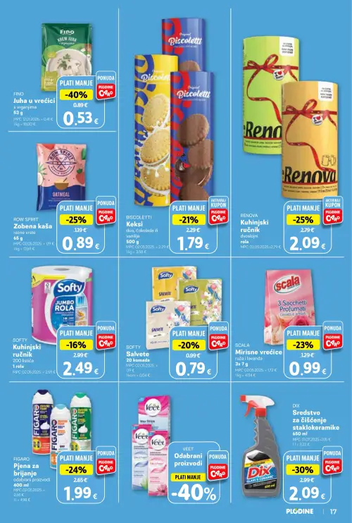 Plodine katalog — stranica 17: FINO Juha u vrećici s vrganjima, DIX Sredstvo za čišćenje staklokeramike, ROW SPIRIT Zobena kaša razne vrste, RENOVA Kuhinjski ručnik dvoslojni (vrijedi 24. 06. 2026.–30. 06. 2026.)