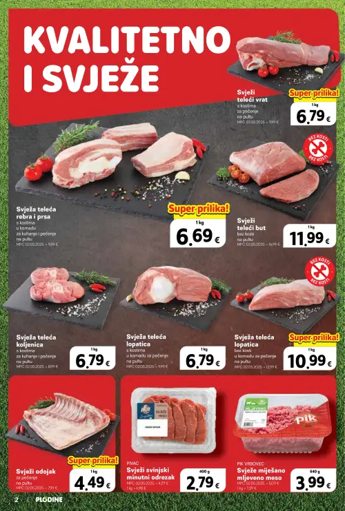 Plodine katalog — stranica 2: Svježi teleći but bez kosti na pultu, Svježa teleća rebra i prsa s kostima u komadu za kuhanje i pečenje na pultu, Svježi teleći vrat s kostima za pečenje na pultu (vrijedi 24. 06. 2026.–30. 06. 2026.)