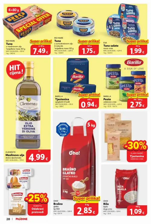 Plodine katalog — stranica 28: RIO MARE RIO MARE Tuna u suncokretovom ulju ili prirodne, EVA Tuna salate razne vrste, BARILLA Tjestenina spaghetti ili fusilli, BARILLA Pesto odabrane vrste (vrijedi 24. 06. 2026.–30. 06. 2026.)