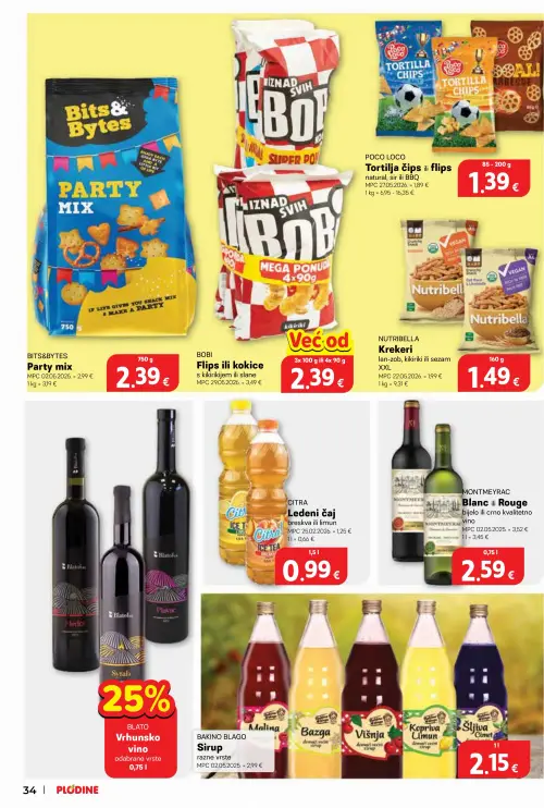 Plodine katalog — stranica 34: BOBI Flips ili kokice s kikirikijem ili slane, MONTEMEYRAC Blanc ili Rouge, NUTRIBISELLA Krekere, CITRA Ledeni čaj (vrijedi 24. 06. 2026.–30. 06. 2026.)