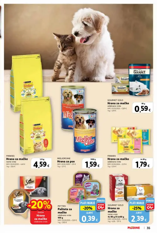 Plodine katalog — stranica 35: GOURMET GOLD Hrana za mačke, FRISKIES Hrana za mačke, PETTIES Pašteta za mačke, MIGLIORCANE Hrana za pse (vrijedi 24. 06. 2026.–30. 06. 2026.)