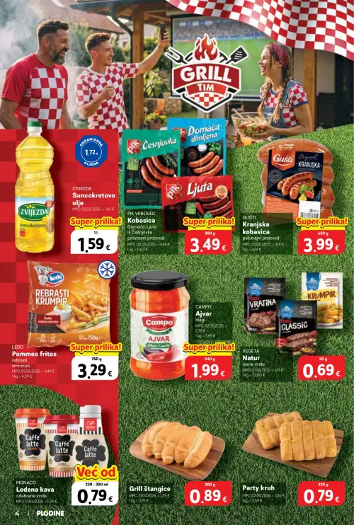 Plodine katalog — stranica 4: MONACO Ledena kava odabrane vrste, VEGETA Natur razne vrste, Grill štangice, CAMPO Ajvar blagi (vrijedi 24. 06. 2026.–30. 06. 2026.)