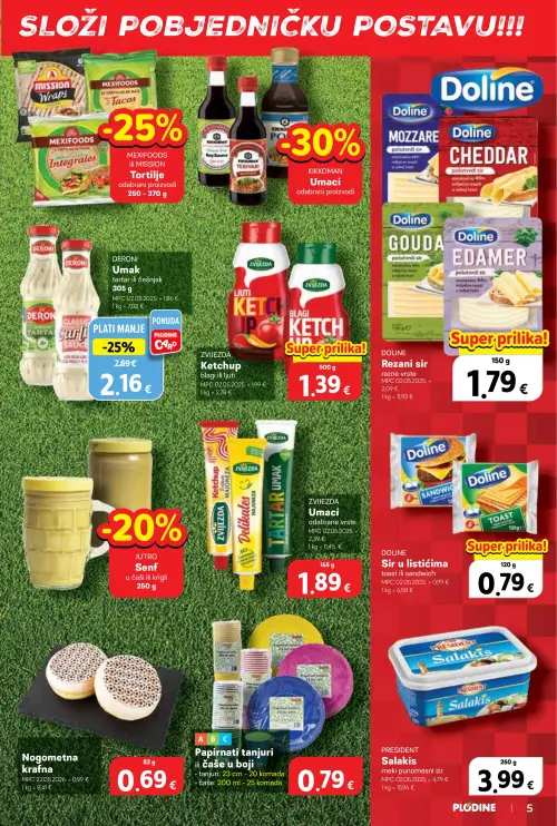 Plodine katalog — stranica 5: Nogometna krafna, DERONI DERONI Umak, ZVIJEZDA Umaci odabrane vrste, DOLINE Sir u listićima toast ili sandwich (vrijedi 24. 06. 2026.–30. 06. 2026.)