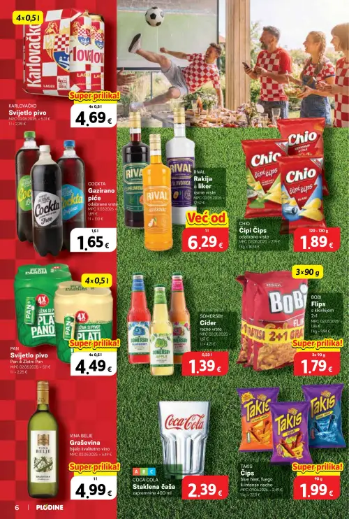 Plodine katalog — stranica 6: TAKIS Čips, COCA COLA Staklena čaša, VINA BELJE Graševina, BOBI Flips s kikirikijem 2+1 (vrijedi 24. 06. 2026.–30. 06. 2026.)