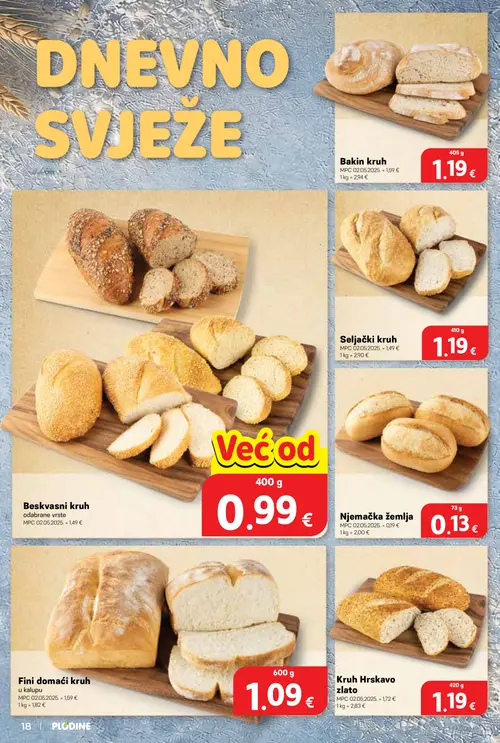 Plodine katalog — stranica 18: Beskvasni kruh odabrane vrste, Njemačka žemlja, Kruh Hskavo zlato, Bakin kruh (vrijedi 01. 07. 2026.–07. 07. 2026.)