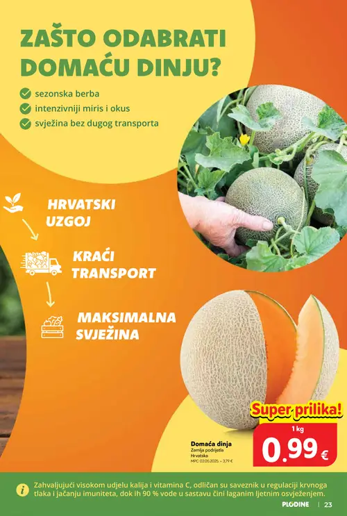 Plodine katalog — stranica 23: Domaća dinja (vrijedi 01. 07. 2026.–07. 07. 2026.)