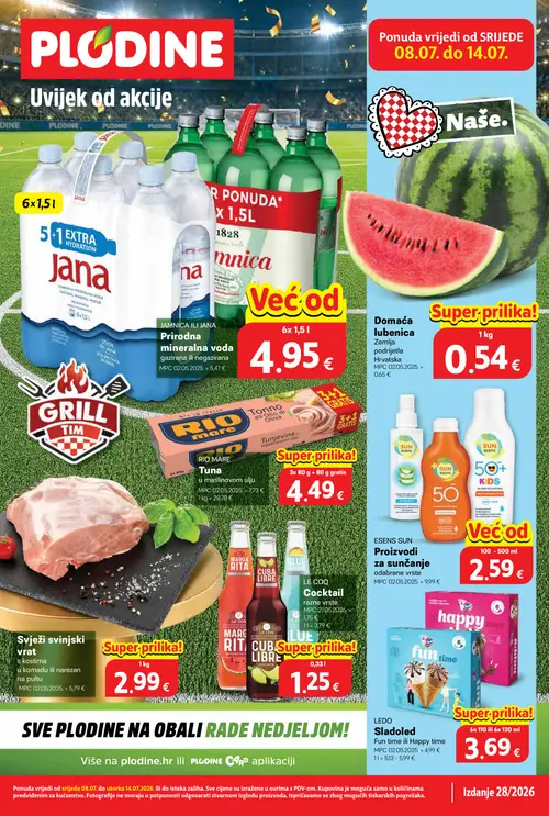 Plodine katalog — stranica 1: ESENS SUN ESENS SUN Proizvodi za sunčanje odabrane vrste, Svježi svinjski vrat s kostima, RIO MARE RIO MARE Tuna u maslinovom ulju, LE COQ LE COQ Cocktail razne vrste (vrijedi 08. 07. 2026.–14. 07. 2026.)