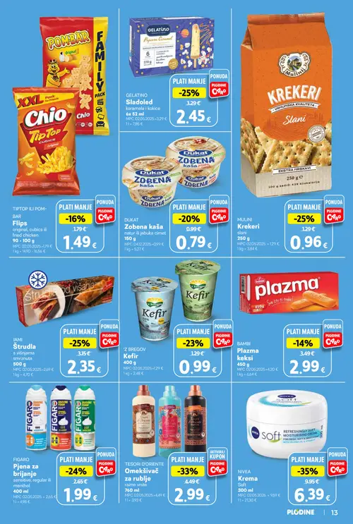 Plodine katalog — stranica 13: NIVEA NIVEA Krema, TESORI D'ORIENTE TESORI D'ORIENTE Omekšivač za rublje, MULINI MULINI Krekeri, GELATINO GELATINO Sladoled (vrijedi 08. 07. 2026.–14. 07. 2026.)