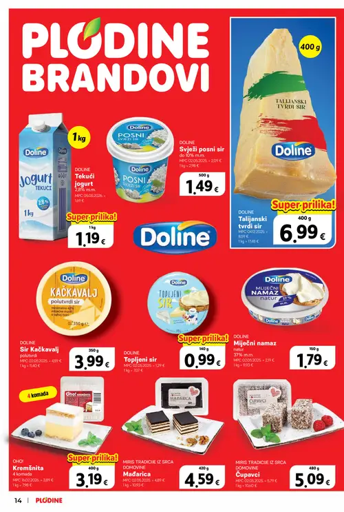 Plodine katalog — stranica 14: Doline Doline Tekući jogurt 2,8% m.m., Doline Doline Svježi posni sir do 10% m.m., Doline Topljeni sir, Doline Talijanski tvrdi sir (vrijedi 08. 07. 2026.–14. 07. 2026.)