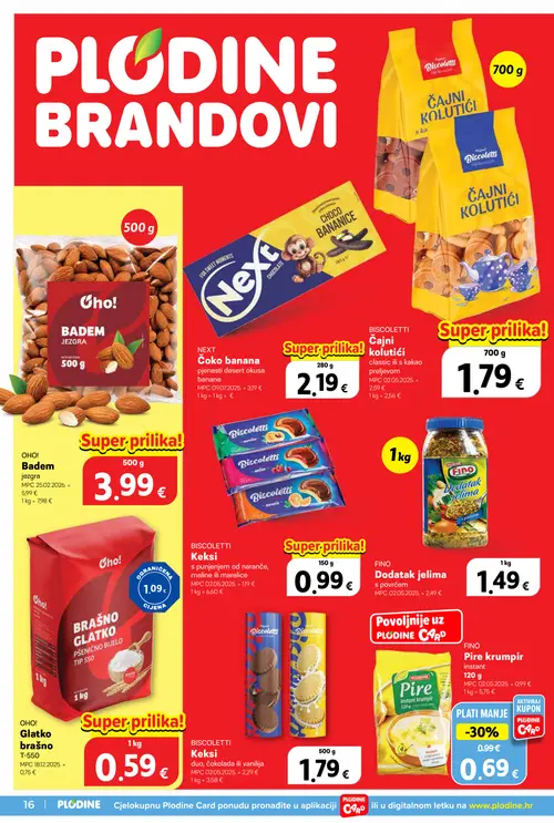 Plodine katalog — stranica 16: Fino Dodatak jelima, Oho! Badem, Fino Pire krumpir, Biscoletti Keksi (vrijedi 08. 07. 2026.–14. 07. 2026.)