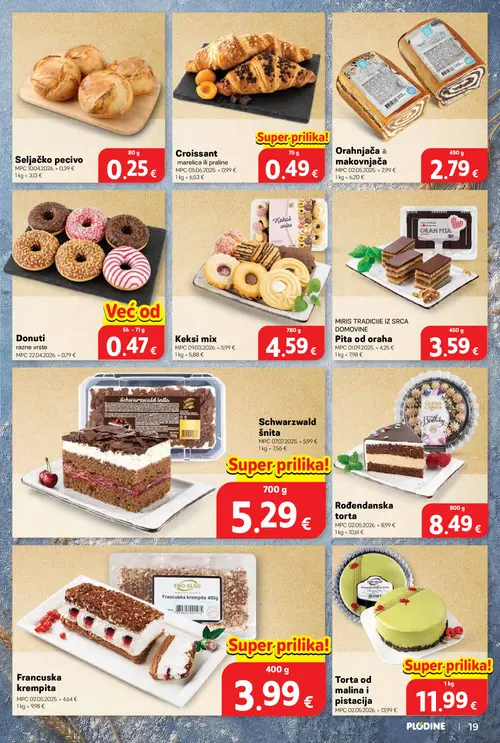 Plodine katalog — stranica 19: Croissant marelica ili praline, Keksi mix, Pita od oraha, Torta od malina i pistacija (vrijedi 08. 07. 2026.–14. 07. 2026.)