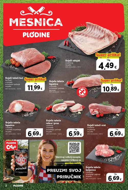 Plodine katalog — stranica 2: Svježi odojak, Svježi teleći vrat, Svježa teleća lopatica, Svježa teleća rebra i prsa (vrijedi 08. 07. 2026.–14. 07. 2026.)