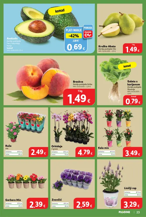 Plodine katalog — stranica 23: Avokado, Salata s korijenom, Breskva, Kruška Abata (vrijedi 08. 07. 2026.–14. 07. 2026.)
