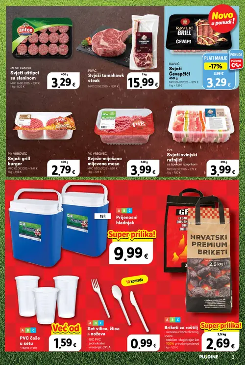 Plodine katalog — stranica 3: PPK Svježi svinjski ražnjići sa špekom i paprikom, PIK VRBOVEC Svježe miješano mljeveno meso, PIK VRBOVEC Svježi grill burger, RAVLIĆ Svježi Ćevapčići (vrijedi 08. 07. 2026.–14. 07. 2026.)
