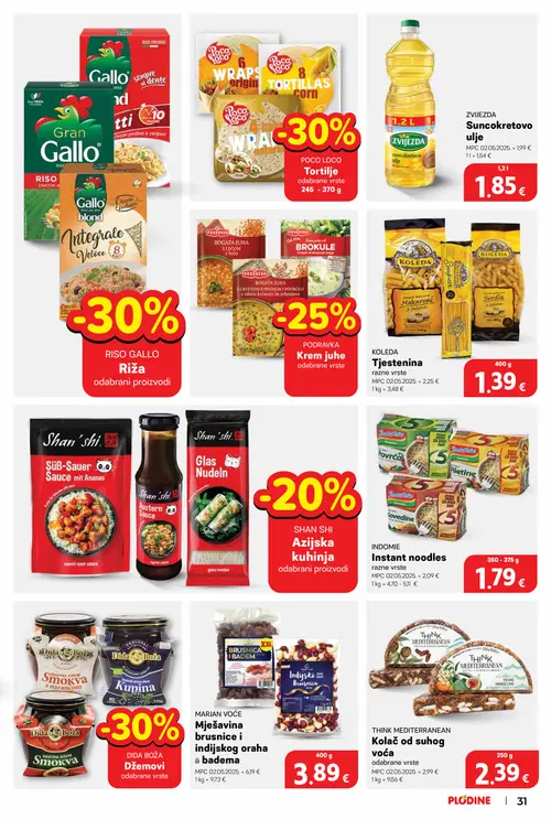 Plodine katalog — stranica 31: KOLEDA Tjestenina razne vrste, MARJAN VOĆE Mješavina brusnice i indijskog oraha ili badema, THINK MEDITERRANEAN Kolač od suhog voća odabrane vrste, INDOMIE Instant noodles razne vrste (vrijedi 08. 07. 2026.–14. 07. 2026.)