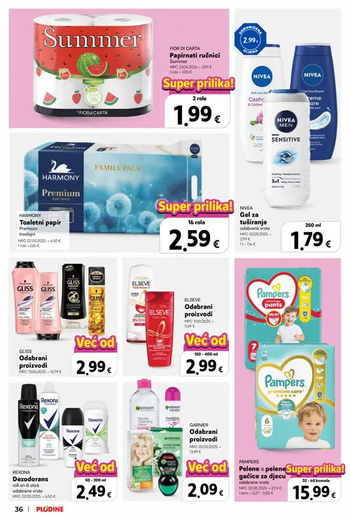 Plodine katalog — stranica 36: GARNIER Odabrani proizvodi, ELSEVE Odabrani proizvodi, GLISS Odabrani proizvodi, REXONA Dezodorans roll on ili stick odabrane vrste (vrijedi 08. 07. 2026.–14. 07. 2026.)