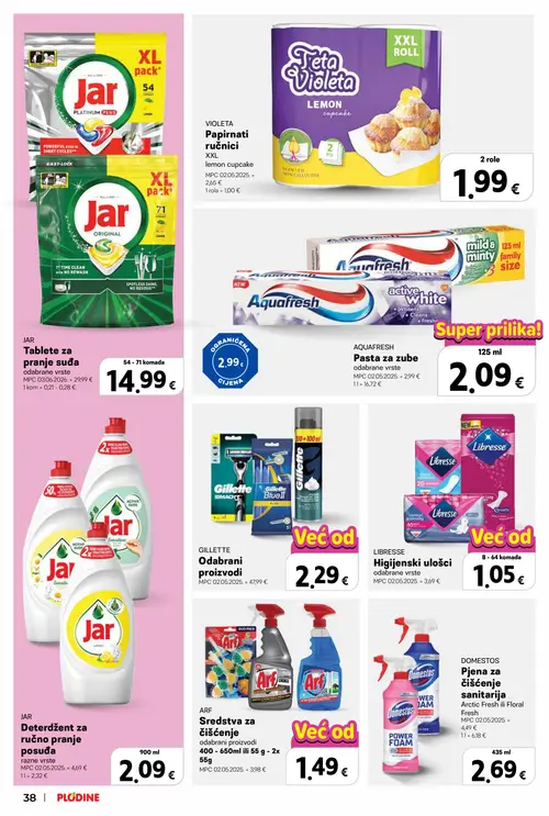 Plodine katalog — stranica 38: GILLETTE Odabrani proizvodi, LIBRESSE Higijenski ulošci, ARF Sredstva za čišćenje, JAR Deterdžent za ručno pranje posuđa (vrijedi 08. 07. 2026.–14. 07. 2026.)