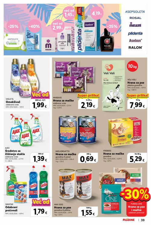 Plodine katalog — stranica 39: VIOLETA Omekšivač odabrane vrste, SANITAR Odabrani proizvodi, AJAX Sredstvo za čišćenje stakla odabrane vrste, MAX DOG Hrana za pse govedina ili pileće (vrijedi 08. 07. 2026.–14. 07. 2026.)