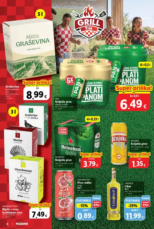 Plodine katalog — stranica 6: LIMONCE Liker, WINEGREETINGS Chardonnay kvalitetno suho vino, HEINEKEN Svijetlo pivo, PAN Svijetlo pivo classic ili zlatni (vrijedi 08. 07. 2026.–14. 07. 2026.)