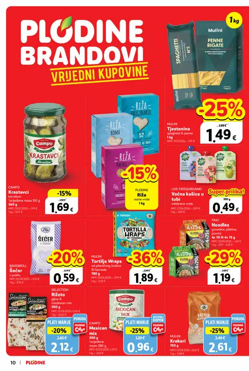Plodine katalog — stranica 10: Mulini Tortilja Wraps od pšeničnog brašna, Fino Noodles govedina, piletina, povrće, Campo Mexican mix, Krekeri Krekri (vrijedi 28.10.–03.11.2026.)