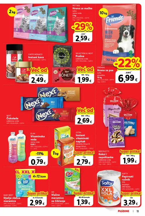 Plodine katalog — stranica 11: Petties Hrana za mačke, Friends Hrana za pse, ELAN Vitaminska voda (vrijedi 28.10.–03.11.2026.)