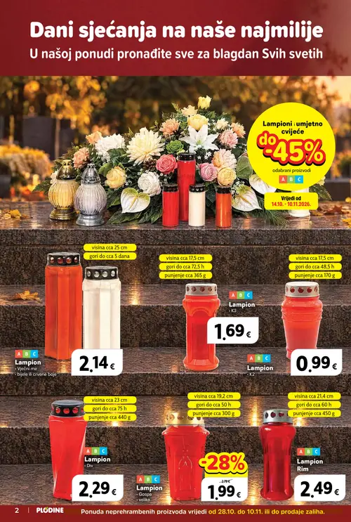 Plodine katalog — stranica 2: ABC Lampion Gospa velika, ABC Lampion Rim, ABC Lampioni Vječni mir bijele ili crvene boje (vrijedi 28.10.–03.11.2026.)