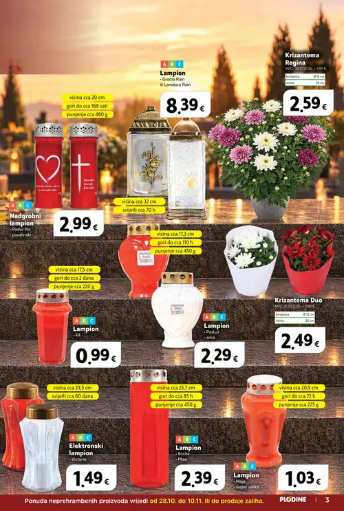 Plodine katalog — stranica 3: Elektronski lampion Victoria, Krizantema Duo, Lampion K4 (vrijedi 28.10.–03.11.2026.)