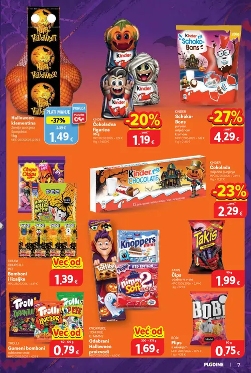 Plodine katalog — stranica 7: Halloween klementina, KINDER Schoko-Bons, KINDER Čokolada, KINDER Čokoladna figurica (vrijedi 28.10.–03.11.2026.)
