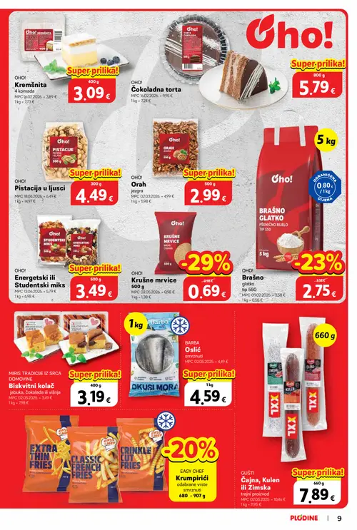 Plodine katalog — stranica 9: Oho! Čokoladna torta, Oho! Orah, Oho! Energetski ili Studentski miks, Oho! Pistacija u ljusci (vrijedi 28.10.–03.11.2026.)