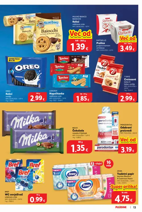 Plodine katalog — stranica 13: ZEWA ZEWA Toaletni papir Jasmine Blossom ili Cashmere Peach, BREF BREF WC osvježivač odabrane vrste, PARODONTAX PARODONTAX Odabrani proizvodi, Milka MILKA Čokolada noisette ili lješnjak (vrijedi 15. 07. 2026.–21. 07. 2026.)