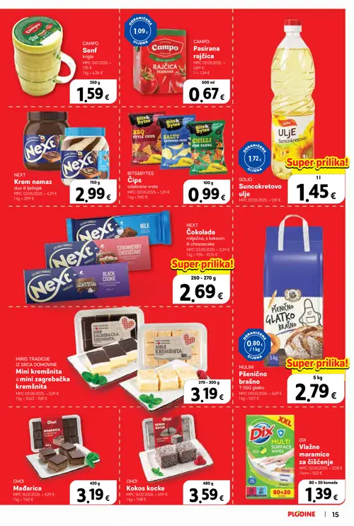Plodine katalog — stranica 15: DIX Vlažne maramice za čišćenje, OHO! Kokos kocke, OHO! Mađarica, MULINI Pšenično brašno T-550 glatko (vrijedi 15. 07. 2026.–21. 07. 2026.)