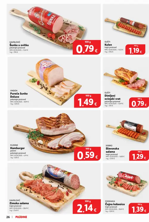 Plodine katalog — stranica 26: PODRAVKA Čajna kobasica, GAVRILOVIĆ Zimska salama, DOBRO Slavonska salama, PLODINE Hamburger pečeni (vrijedi 15. 07. 2026.–21. 07. 2026.)