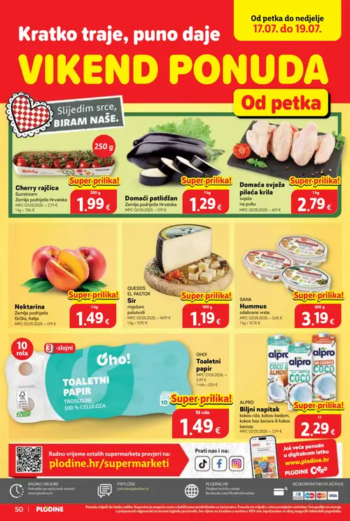 Plodine katalog — stranica 50: QUESOS EL PASTOR Sir, ALPRO Biljni napitak, Domaći patlidžan, Domaća svježa pileća krila (vrijedi 15. 07. 2026.–21. 07. 2026.)