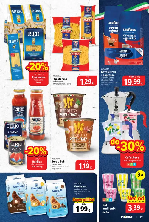 Plodine katalog — stranica 17: DE CECCO Tjestenina, ARIGHI Jelo u čaši, LAVAZZA Kava u zrnu (vrijedi 22. 07. 2026.–28. 07. 2026.)