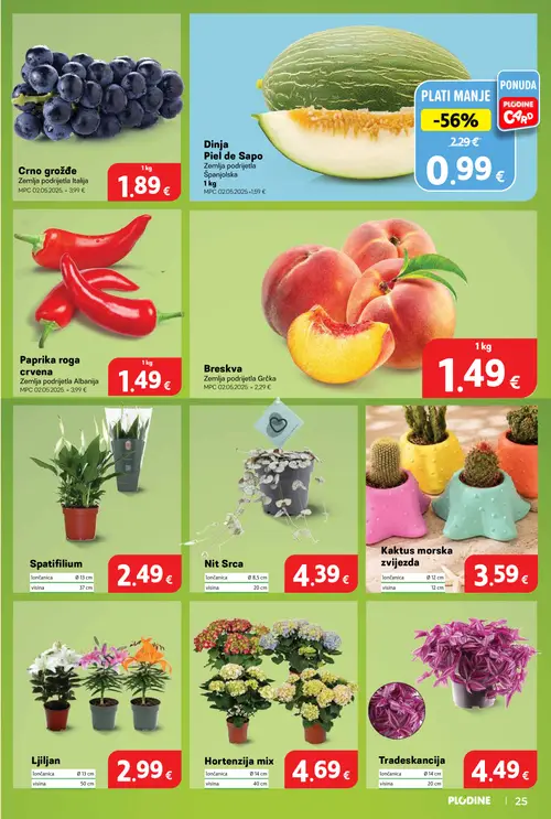 Plodine katalog — stranica 25: Paprika roga crvena, Dinja Piel de Sapo, Crno grožđe, Breskva (vrijedi 22. 07. 2026.–28. 07. 2026.)