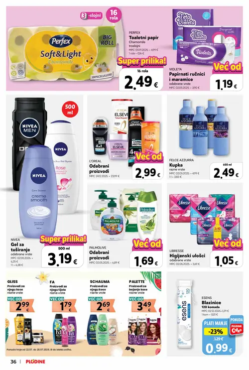 Plodine katalog — stranica 36: ESENS Blazinice 120 komada (vrijedi 22. 07. 2026.–28. 07. 2026.)
