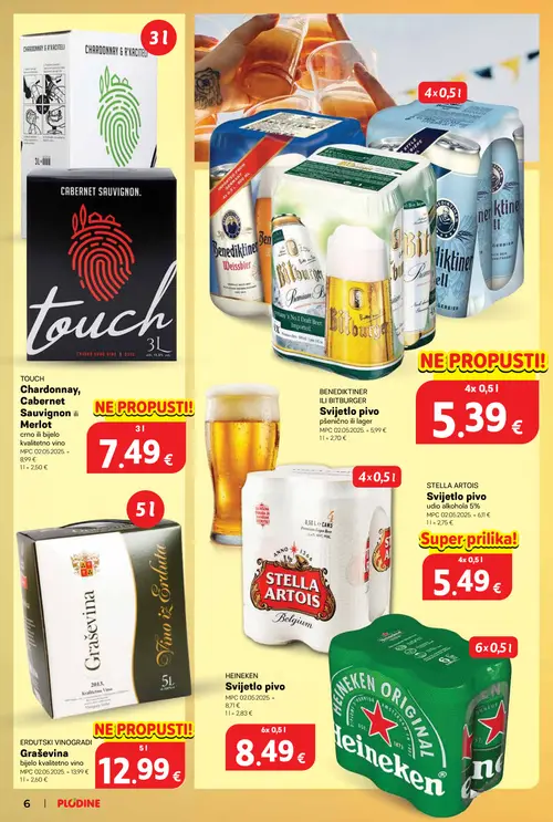 Plodine katalog — stranica 6: Chardonnay, Cabernet Sauvignon ili Merlot, STELLA ARTOIS Stella Artois, Benediktiner ili Bitburger, ERDUTSKI VINOGRADI Graševina (vrijedi 22. 07. 2026.–28. 07. 2026.)