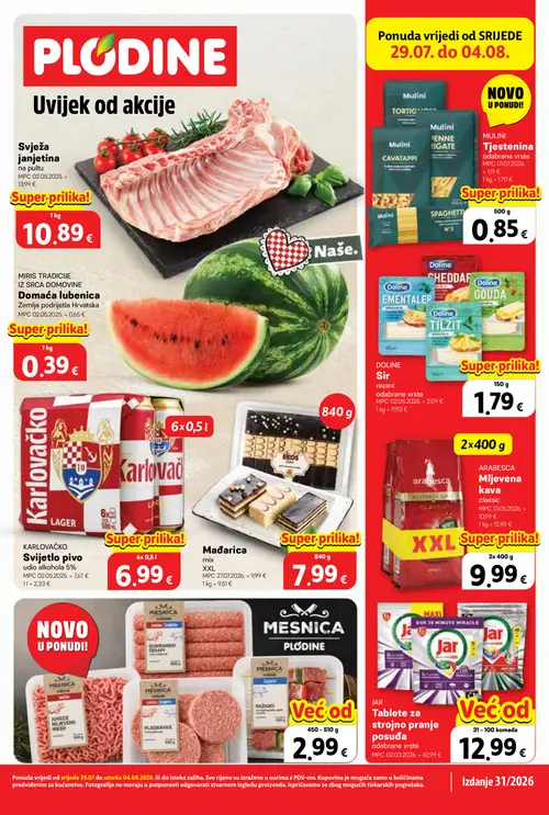 Plodine katalog — stranica 1: Jar Tablete za strojno pranje posuđa, Mađarica, Arabca Mljevena kava, Karlovačko Svijetlo pivo (vrijedi 29. 07. 2026.–04. 08. 2026.)