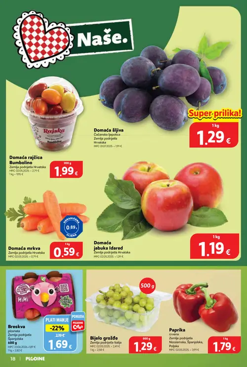 Plodine katalog — stranica 18: Paprika crvena, Bijelo grožđe, Domaća mrkva, Breskva plosnata (vrijedi 29. 07. 2026.–04. 08. 2026.)