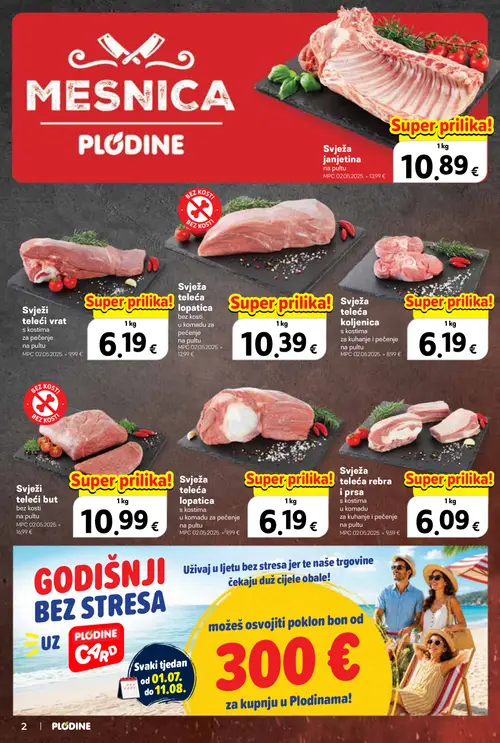 Plodine katalog — stranica 2: Svježa teleća lopatica s kostima u komadu za pečenje na pultu, Svježi teleći vrat s kostima za pečenje na pultu, Svježa teleća rebra i prsa s kostima za kuhanje i pečenje na pultu, Svježi teleći but bez kosti na pultu (vrijedi 29. 07. 2026.–04. 08. 2026.)
